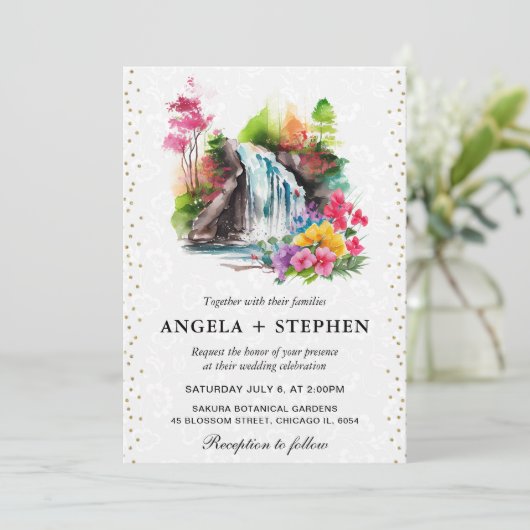 Waterverf Floral Spring Waterfall Bruiloft Kaart (Staand voorkant)