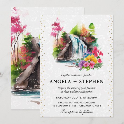 Waterverf Floral Spring Waterfall Bruiloft Kaart (Voorkant / Achterkant)