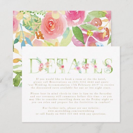 Waterverf Floral Spring Wedding Enclosure Card Informatiekaartje (Voorkant / Achterkant)