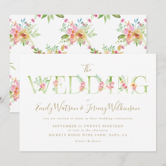 Waterverf Floral Spring Wedding Invitation Kaart (Voorkant / Achterkant)
