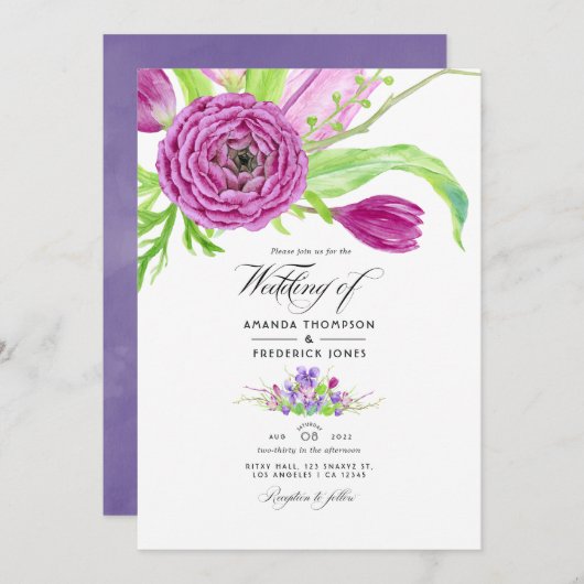 Waterverf Floral Spring Wedding Invitation Kaart (Voorkant / Achterkant)