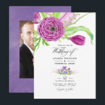Waterverf Floral Spring Wedding Invitation Kaart<br><div class="desc">Botanische waterverf Wedding-uitnodiging met trendmatige ultraviolet, plum en sage groene accenten. De bloemen zijn ranunculus, tulpen, violetten en kruiwagens met een sterke impressionistische Chinese invloed. Ideaal voor een bepaald thema of een tuinbruiloft. De foto op het achterste is facultatief. Als u eerder het zou verwijderen, scrol neer aan de bodem...</div>