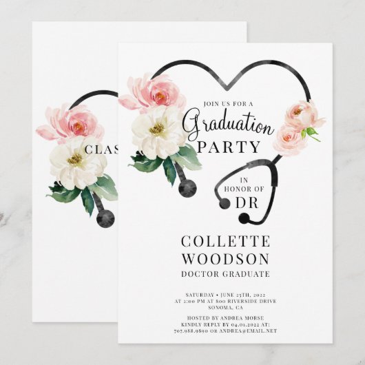 Waterverf Floral Stethoscoop Doctor Afstuderen Kaart (Voorkant / Achterkant)