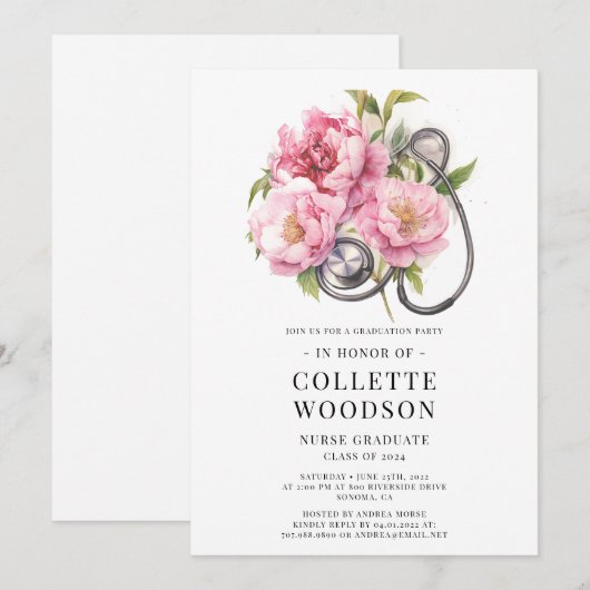 Waterverf Floral Stethoscoop Zurse Afstuderen Kaart (Voorkant / Achterkant)