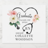 Waterverf Floral Stethoscope Nurse Afstuderen Sparkling Wijnetiket (Enkel label)