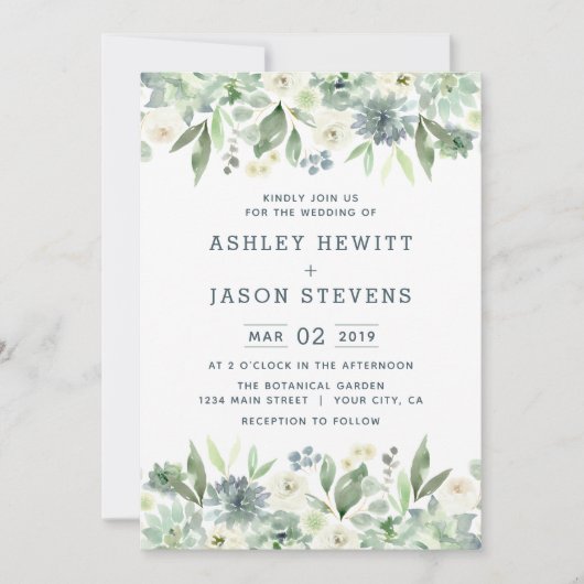 Waterverf Floral Succulent Wedding Invitations Kaart (Voorkant)