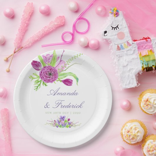 Waterverf Floral Summer Wedding Papieren Bordje (Feest)