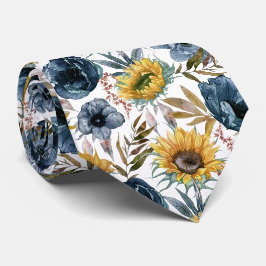 Waterverf Floral Sunflower Blue Flower Stropdas (Opgerold)