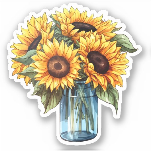 Waterverf Floral Sunflower Mason Jar Bouquet Sticker (Voorkant)