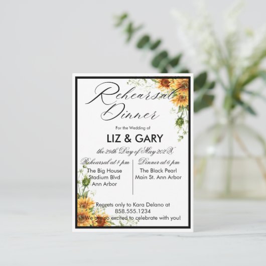 Waterverf Floral Sunflower Rehearsal Dinner Briefkaart (Staand voorkant)
