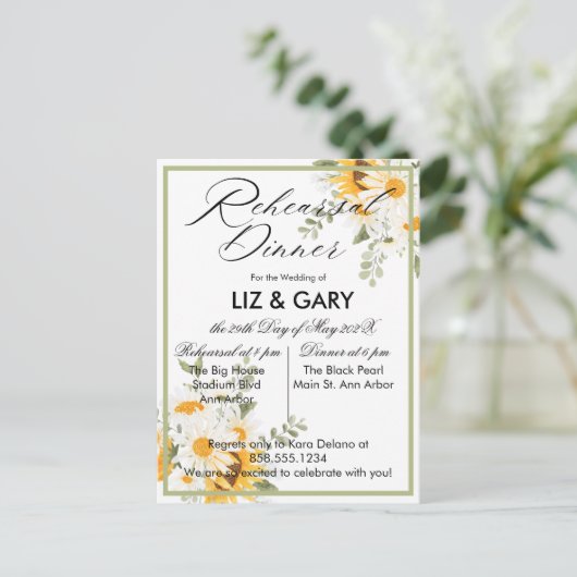 Waterverf Floral Sunflower Rehearsal Dinner Briefkaart (Staand voorkant)