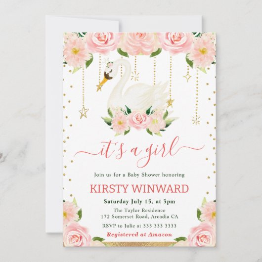 Waterverf Floral Swan Meisje Baby shower Kaart (Voorkant)