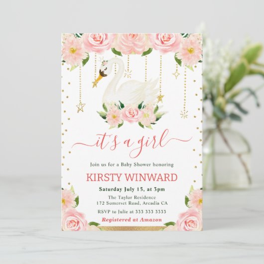 Waterverf Floral Swan Meisje Baby shower Kaart (Staand voorkant)