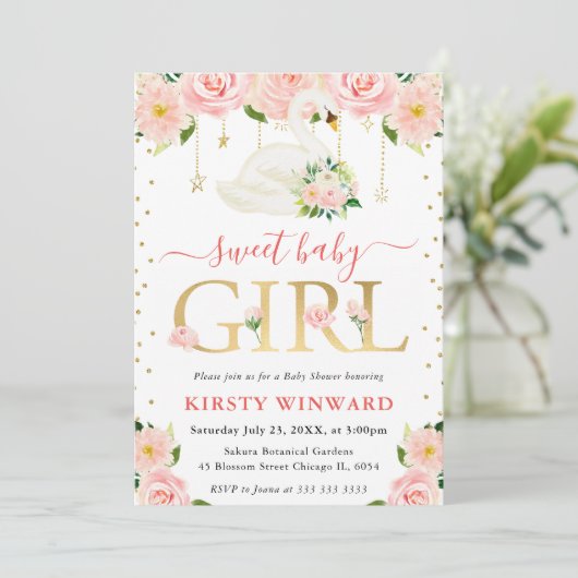 Waterverf Floral Swan Meisje Baby shower Kaart (Staand voorkant)