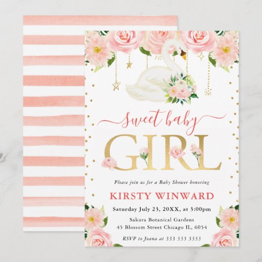 Waterverf Floral Swan Meisje Baby shower Kaart (Voorkant / Achterkant)