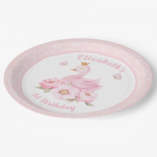 Waterverf Floral Swan Princess Birthday Papieren Bordje (Gekanteld)