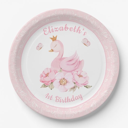 Waterverf Floral Swan Princess Birthday Papieren Bordje (Voorkant)