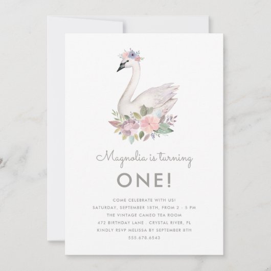 Waterverf Floral Swan Princess Birthday Pink Kaart (Voorkant)