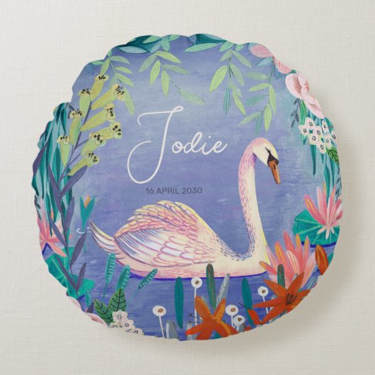 Waterverf Floral Swan Princess Name Throw Rond Kussen (Voorkant)