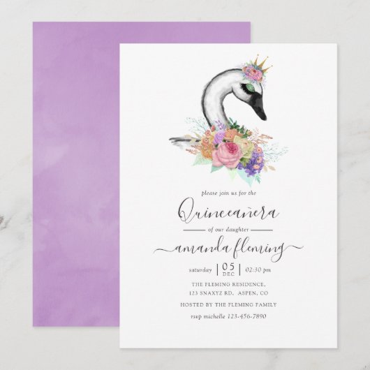 Waterverf Floral Swan Quinceañera Kaart (Voorkant / Achterkant)