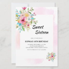Waterverf Floral Sweet Sixteen met Roze Lijst Kaart