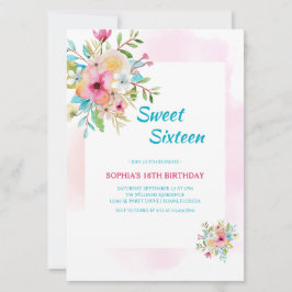 Waterverf Floral Sweet Sixteen met Roze Lijst Kaart
