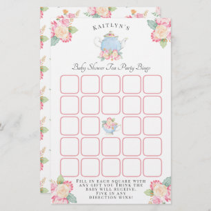 Waterverf Floral Tea   Baby shower Bingo