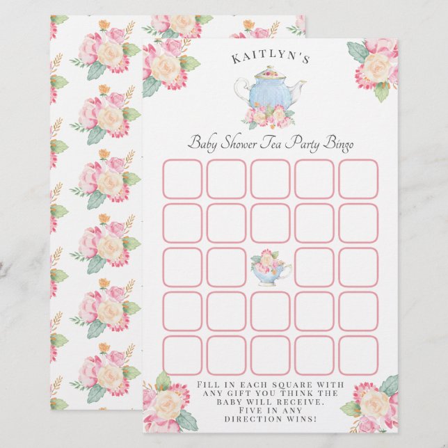 Waterverf Floral Tea | Baby shower Bingo (Voorkant / Achterkant)
