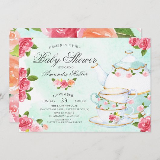Waterverf Floral Tea Baby shower Kaart (Voorkant / Achterkant)