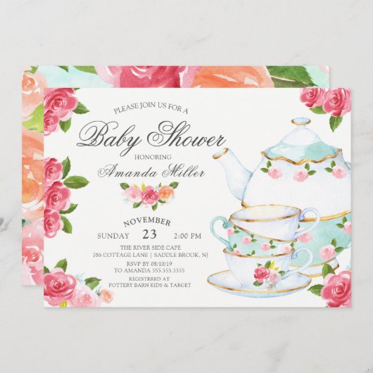 Waterverf Floral Tea Baby shower Kaart (Voorkant / Achterkant)