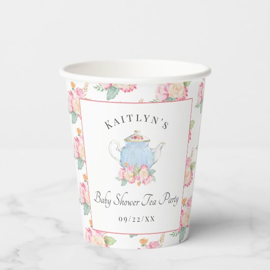 Waterverf Floral Tea | BABY SHOWER Papieren Bekers (Achterkant)