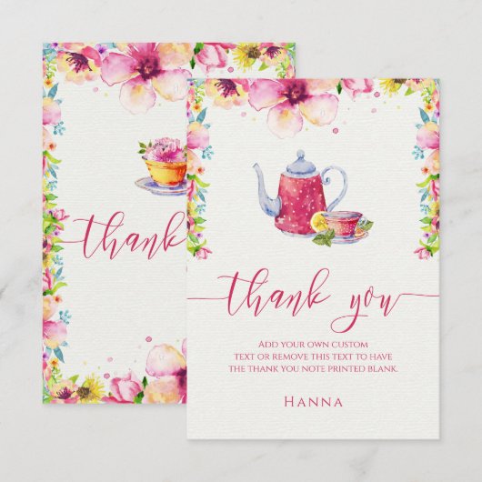 Waterverf Floral Tea Partij Dank je kaarten (Voorkant / Achterkant)