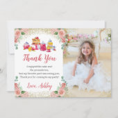 Waterverf Floral Tea Party Girls Birthday Foto Bedankkaart (Voorkant)