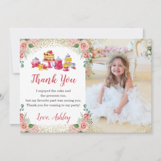 Waterverf Floral Tea Party Girls Birthday Foto Bedankkaart (Voorkant)