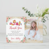 Waterverf Floral Tea Party Girls Birthday Foto Bedankkaart (Staand voorkant)