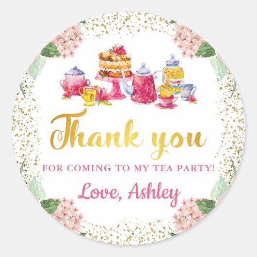 Waterverf Floral Tea Party Gold Glitter Hartelijk  Ronde Sticker (Voorkant)