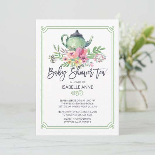 Waterverf Floral Tea Party Neutral Baby shower Kaart (Staand voorkant)