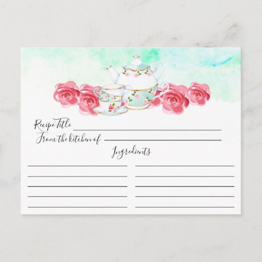 Waterverf Floral Tea Pot Floral Recipe Card Briefkaart (Voorkant)