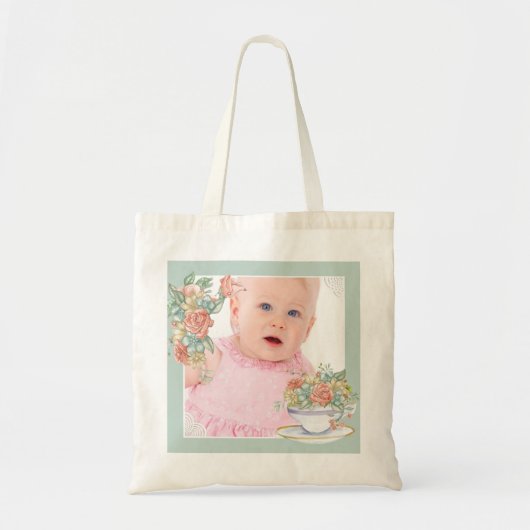 Waterverf Floral Teacup Aangepaste foto Tote Bag (Voorkant)