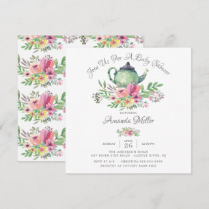Waterverf Floral Teapot Baby shower Invitation Kaart