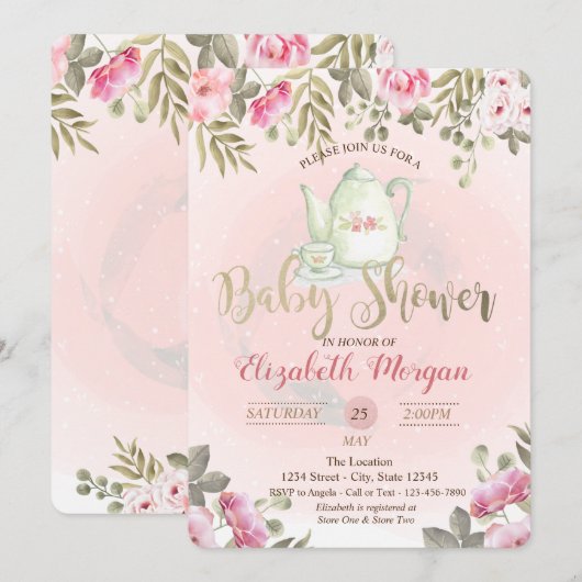 Waterverf Floral Teapot Baby shower Invitation Kaart (Voorkant / Achterkant)