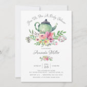 Waterverf Floral Teapot Baby shower Invitation Kaart (Voorkant)