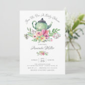 Waterverf Floral Teapot Baby shower Invitation Kaart (Staand voorkant)