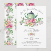 Waterverf Floral Teapot Baby shower Invitation Kaart (Voorkant / Achterkant)