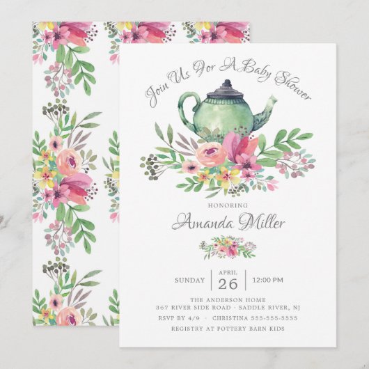 Waterverf Floral Teapot Baby shower Invitation Kaart (Voorkant / Achterkant)