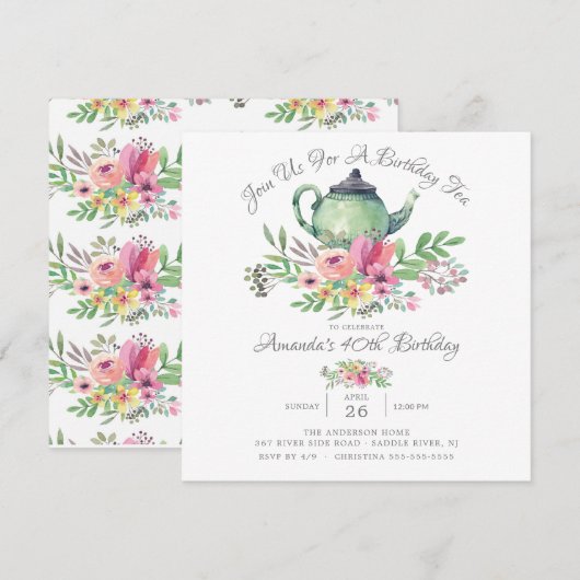 Waterverf Floral Teapot Birthday Party Invitation Kaart (Voorkant / Achterkant)