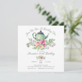 Waterverf Floral Teapot Birthday Party Invitation Kaart (Staand voorkant)
