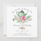 Waterverf Floral Teapot Birthday Party Invitation Kaart (Voorkant)