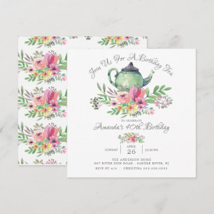 Waterverf Floral Teapot Birthday Party Invitation Kaart