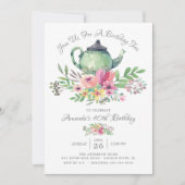Waterverf Floral Teapot Birthday Party Invitation Kaart (Voorkant)